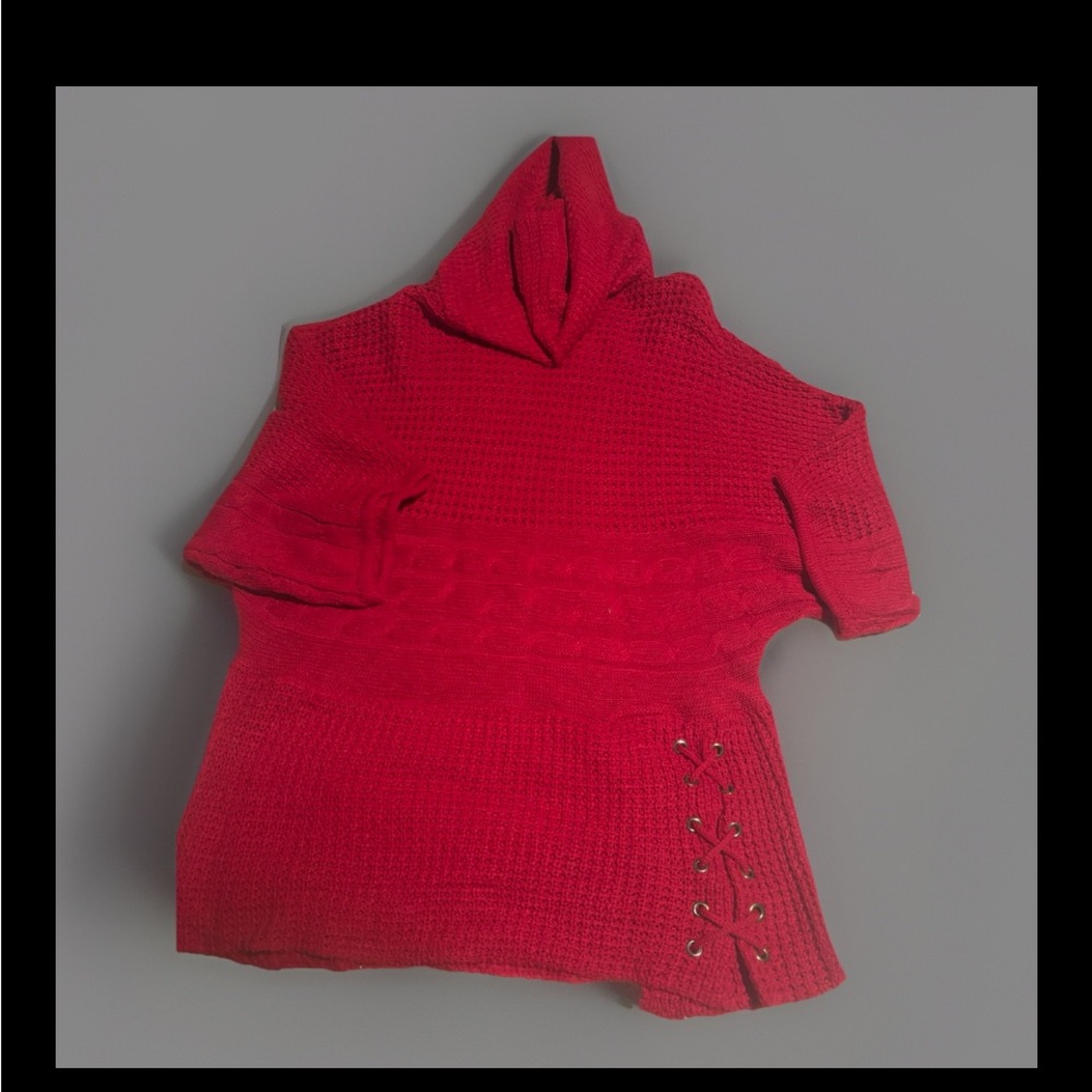 Jennifer Lauren Plus Red Sweater Ladies Top Gold Tied Bottom 1X Cowl Neck
